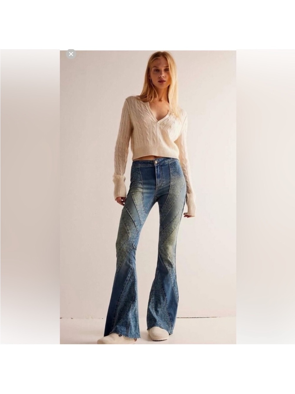 We The Free Two-Tone Diagonal Panel Flare Jeans in Blue